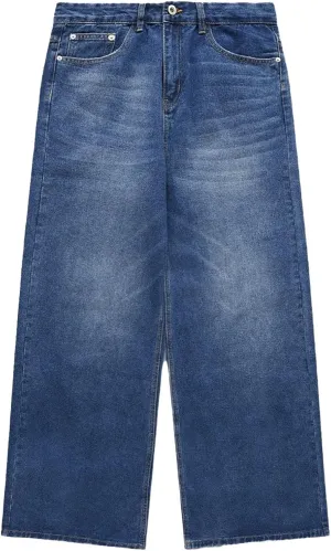 Men's Loose Hip Hop Jeans Straight Retro Relaxed Fit Denim Pants Classic Vintage Plain Washed Baggy Jean