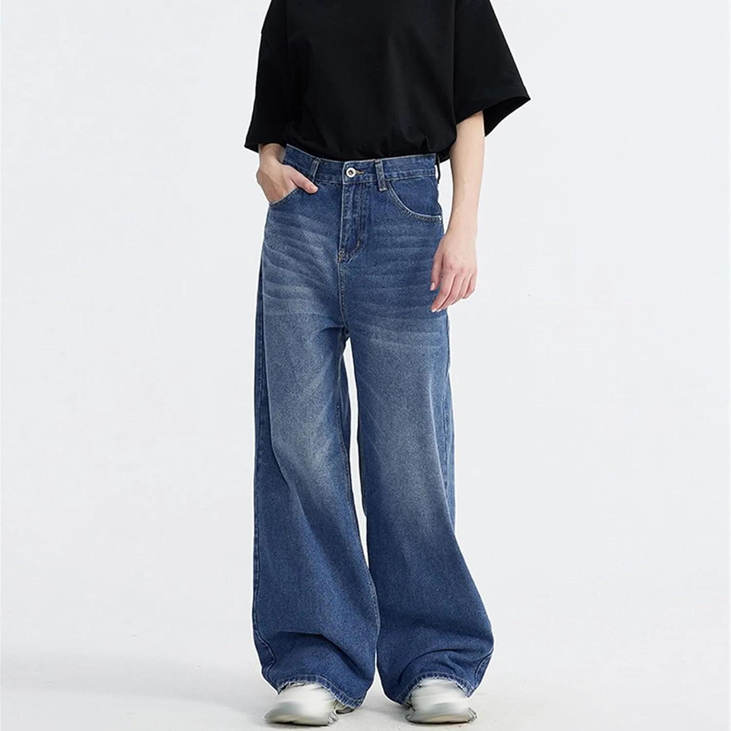 Men's Loose Hip Hop Jeans Straight Retro Relaxed Fit Denim Pants Classic Vintage Plain Washed Baggy Jean