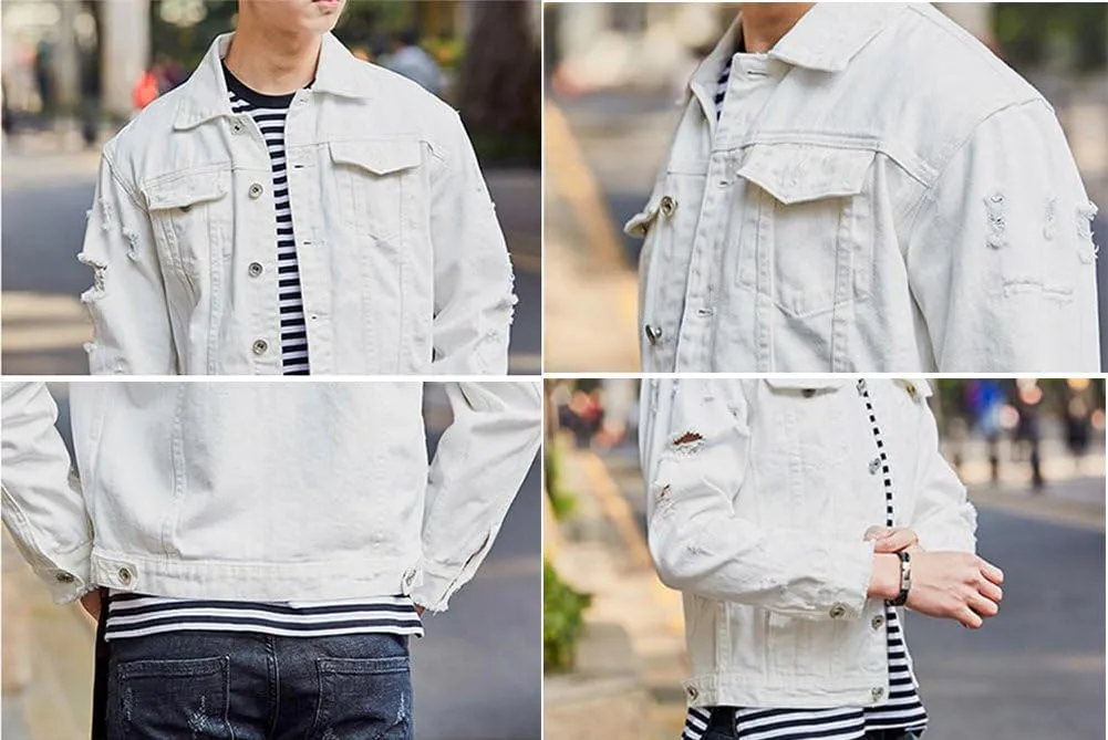 Men`s Retro Vintage Washed Ripped Hip Hop Motorcycle Denim Jacket