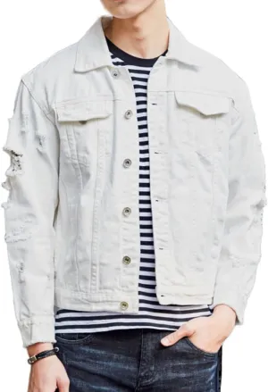 Men`s Retro Vintage Washed Ripped Hip Hop Motorcycle Denim Jacket