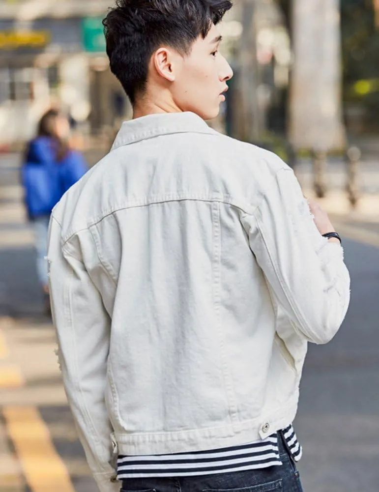 Men`s Retro Vintage Washed Ripped Hip Hop Motorcycle Denim Jacket