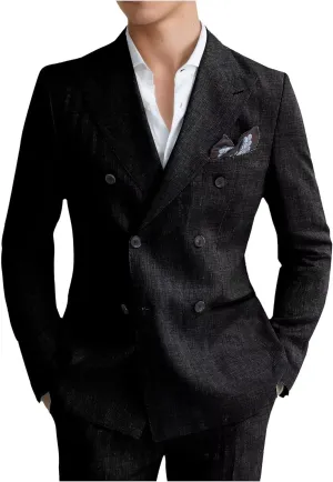 Mens Suits Linen 2 Piece Suit for Men Peak Lapel Slim Fit Suits Set Double Breasted Tuxedos for Wedding Prom
