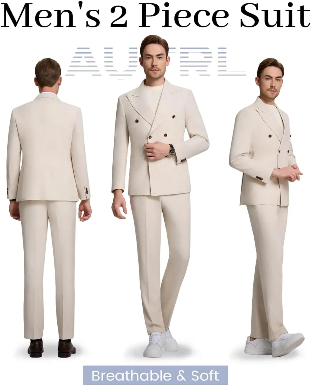 Mens Suits Linen 2 Piece Suit for Men Peak Lapel Slim Fit Suits Set Double Breasted Tuxedos for Wedding Prom