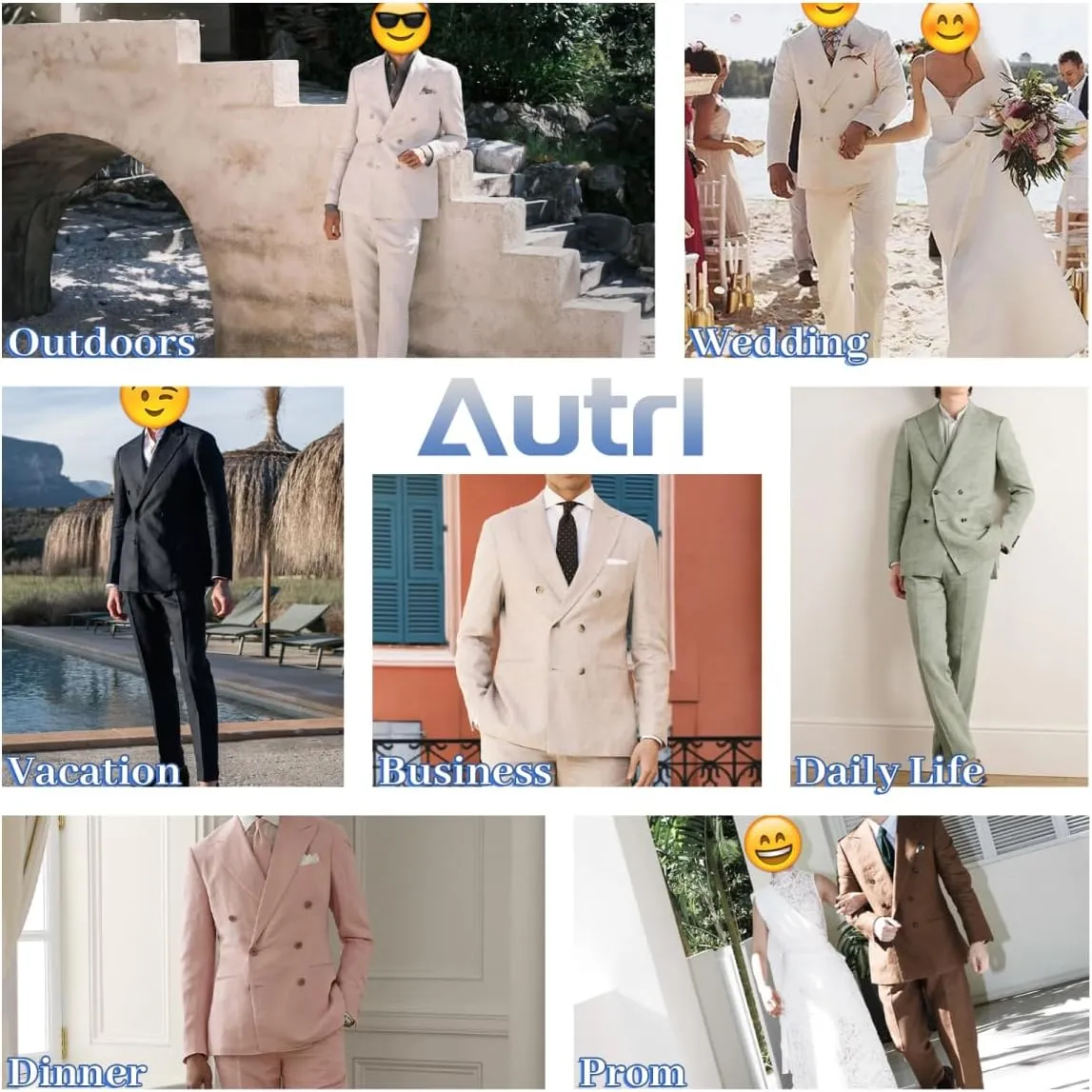 Mens Suits Linen 2 Piece Suit for Men Peak Lapel Slim Fit Suits Set Double Breasted Tuxedos for Wedding Prom