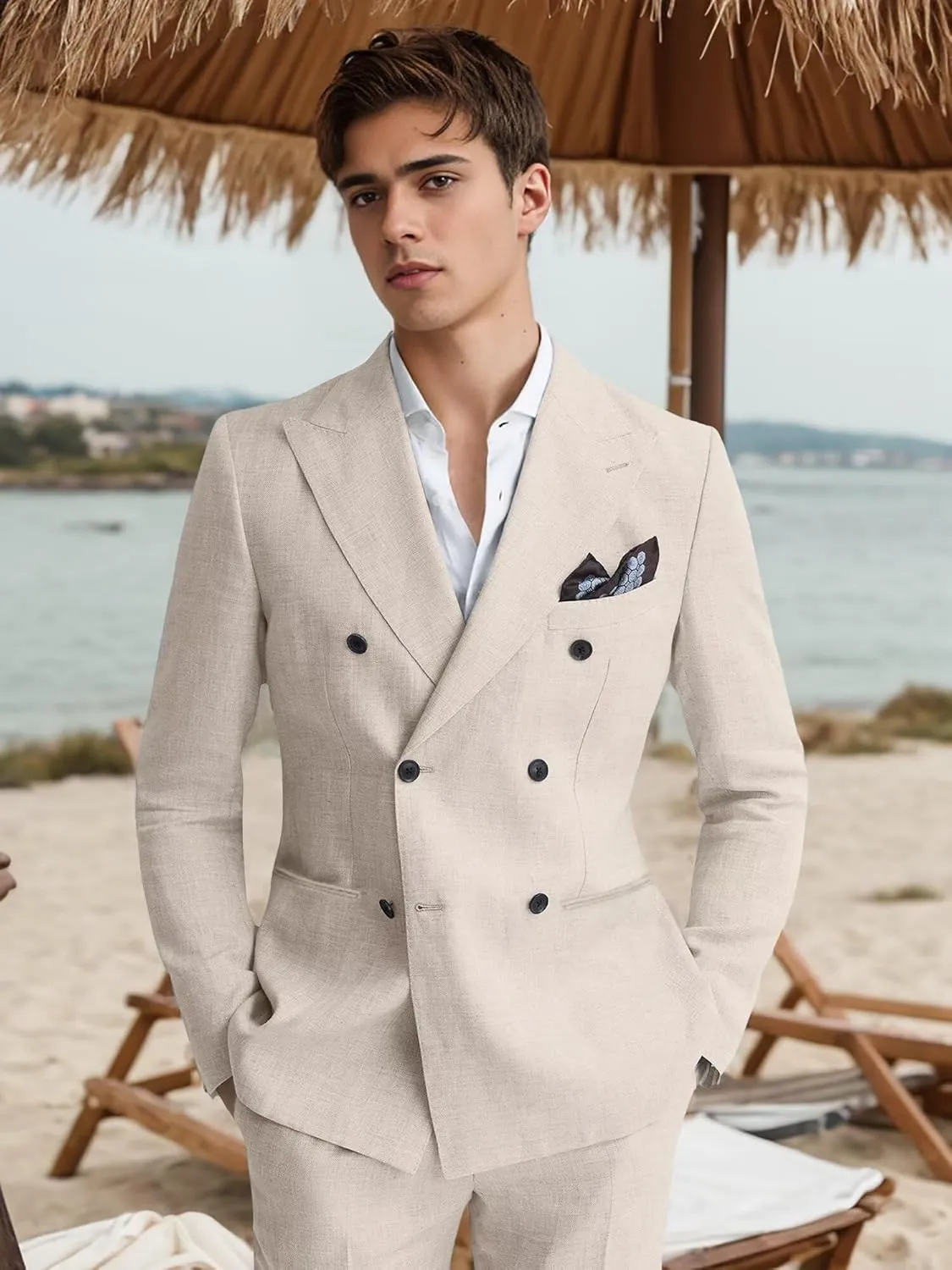 Mens Suits Linen 2 Piece Suit for Men Peak Lapel Slim Fit Suits Set Double Breasted Tuxedos for Wedding Prom