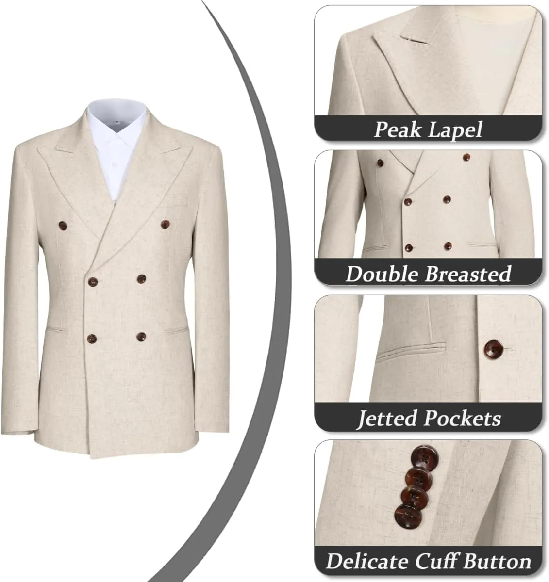 Mens Suits Linen 2 Piece Suit for Men Peak Lapel Slim Fit Suits Set Double Breasted Tuxedos for Wedding Prom