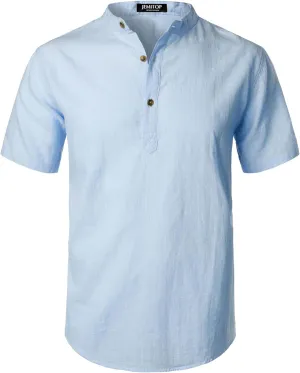 Men's Summer Lightweight Cotton Linen Shirts Casual Short Sleeve Breathable Banded Collar Henley for Beach Vacation
