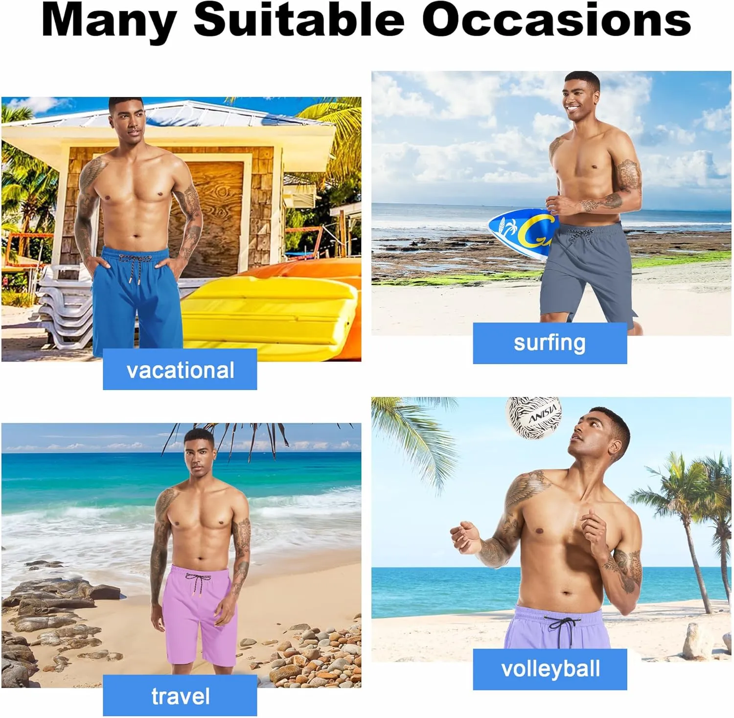 Men's Swim Trunks Quick Dry Board Shorts with Zipper Pockets Beach Shorts Bathing Suits for Men - No Mesh Liner
