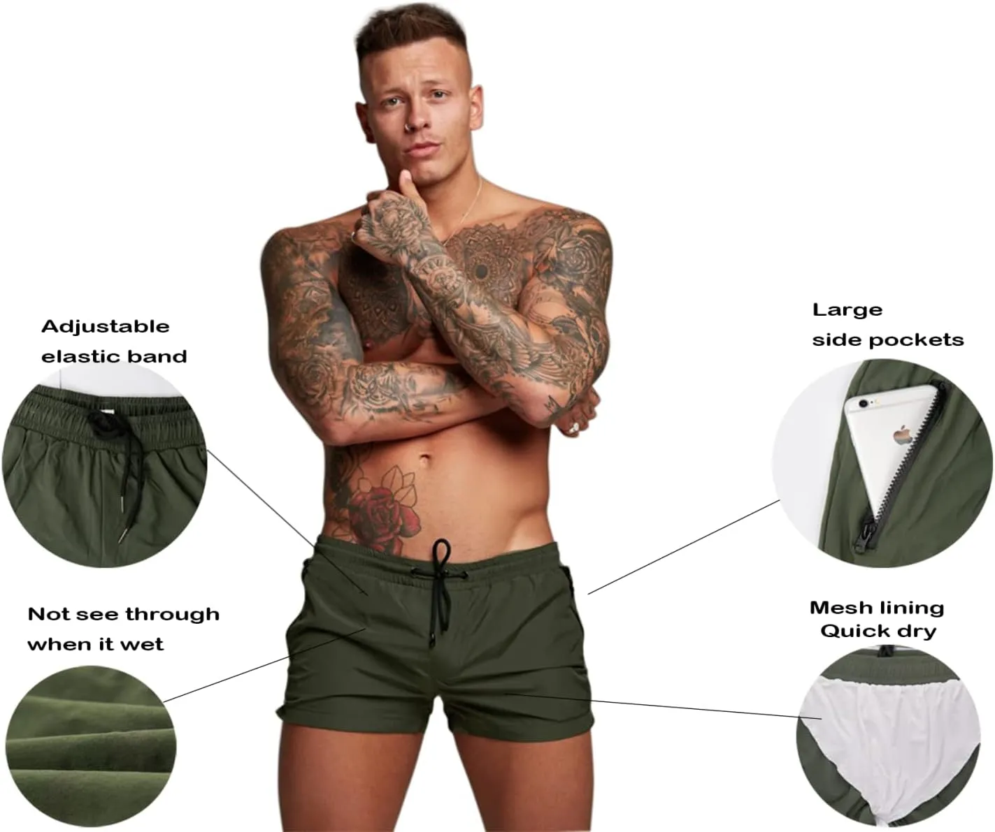 Mens Swim Trunks Quick Dry Swimwear Zipper Pockets, Swim Shorts with Mesh Lining