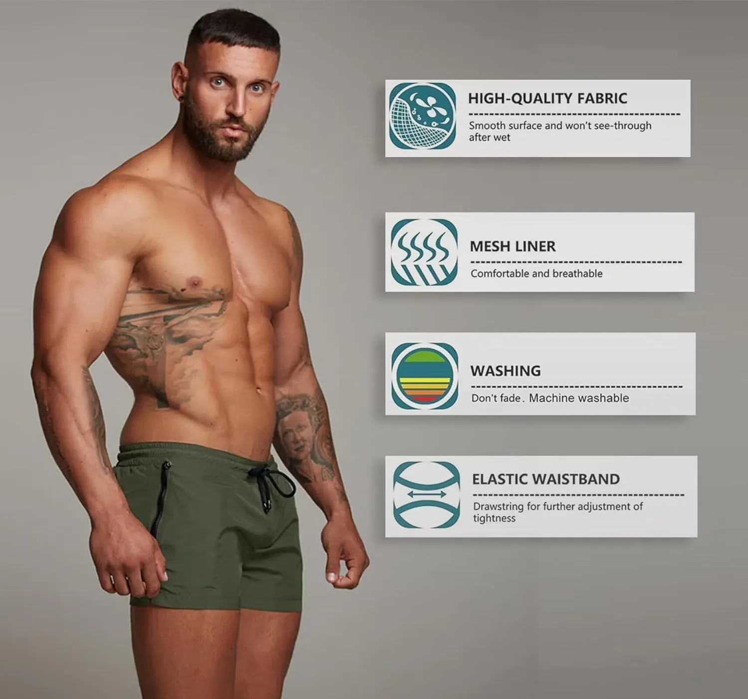 Mens Swim Trunks Quick Dry Swimwear Zipper Pockets, Swim Shorts with Mesh Lining