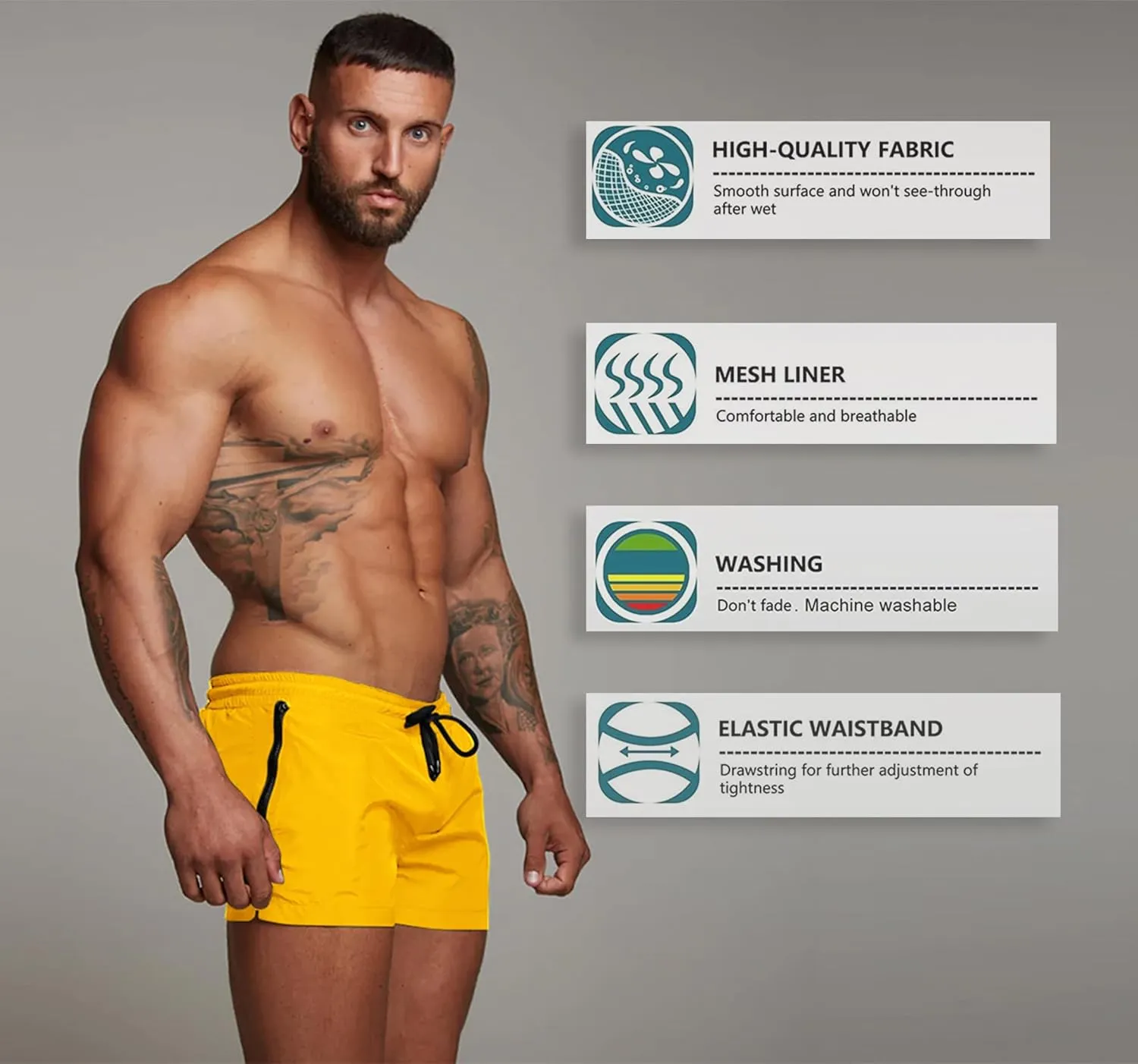 Mens Swim Trunks Quick Dry Swimwear Zipper Pockets, Swim Shorts with Mesh Lining