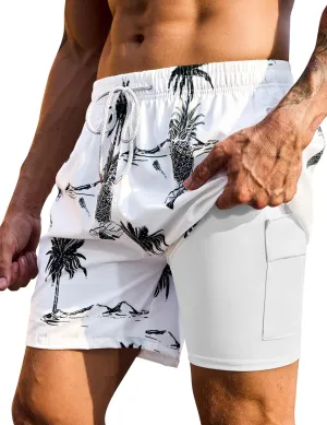 Mens Swim Trunks with Compression Liner Bathing Suits 2 Pack Quick Dry Stretch Beach Shorts 7 inch Inseam Swimwear