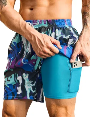 Mens Swim Trunks with Compression Liner Bathing Suits 2 Pack Quick Dry Stretch Beach Shorts 7 inch Inseam Swimwear