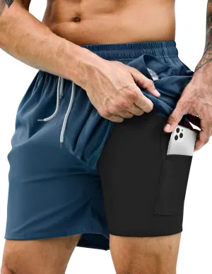 Mens Swim Trunks with Compression Liner Bathing Suits 2 Pack Quick Dry Stretch Beach Shorts 7 inch Inseam Swimwear