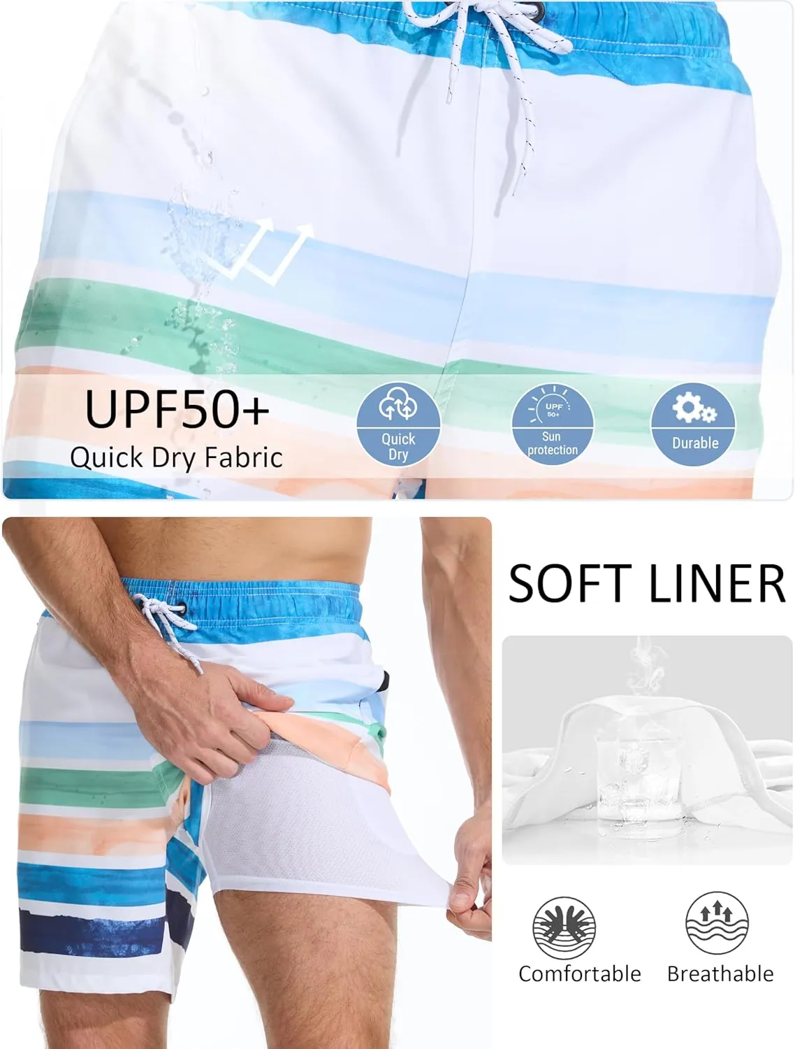 Mens Swim Trunks with Compression Liner Quick Dry Bathing Suit with Zipper Pockets Lightweight Beach Shorts
