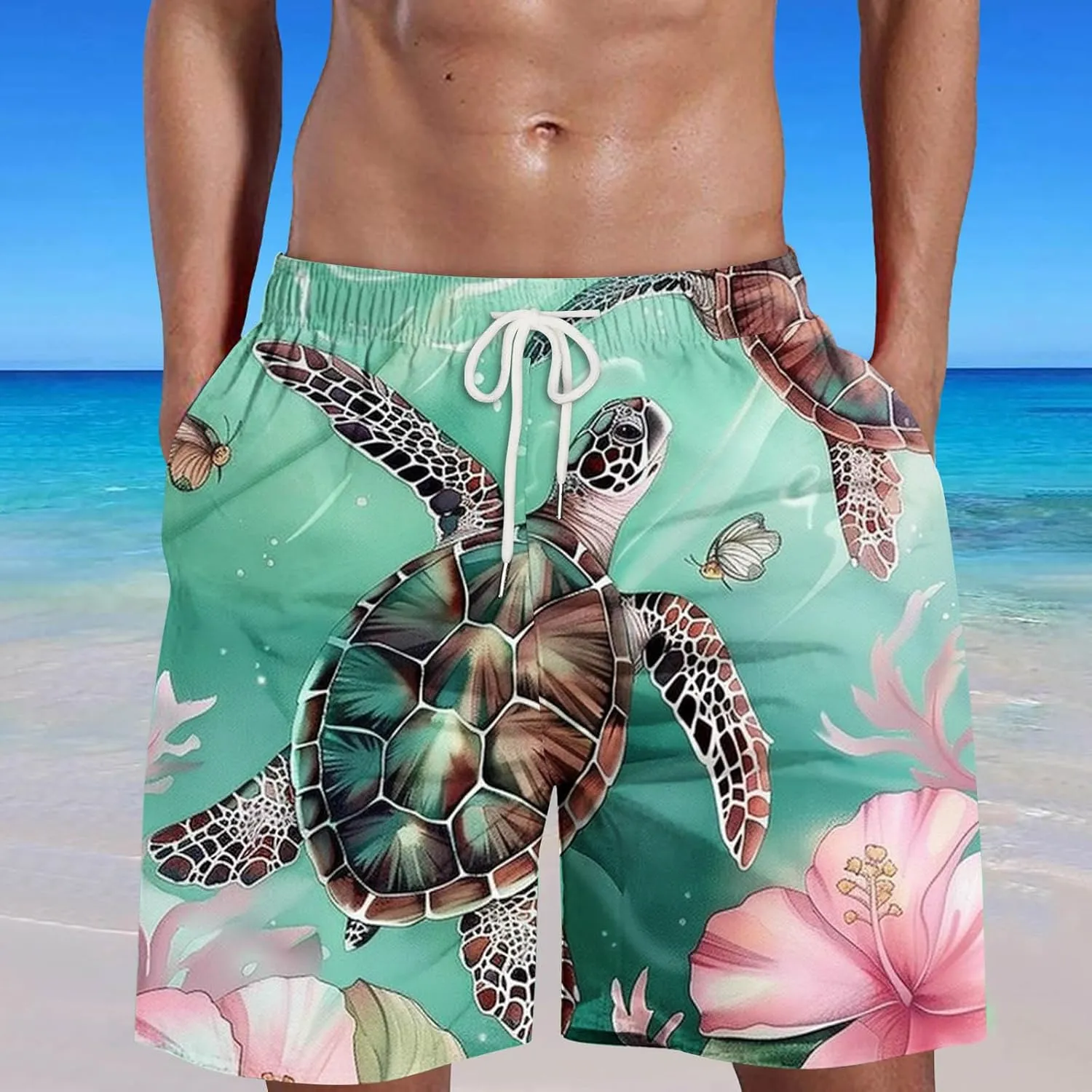 Mens Swimming Trunks Swimsuit Print Drawstring Tie Elastic Waist Casual Fashion Beach Shorts Mens Boys Shorts Man