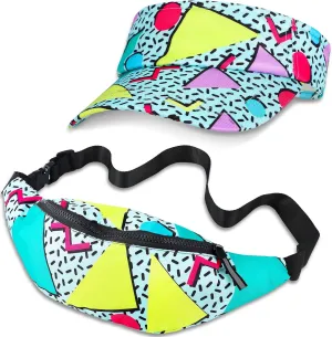 Mepase 2 Pcs 80s 90s Fanny Pack 80s Outfit Sun Visor Hat Waist Bag 90s Accessories for Men Women Summer Party Golf Tournament