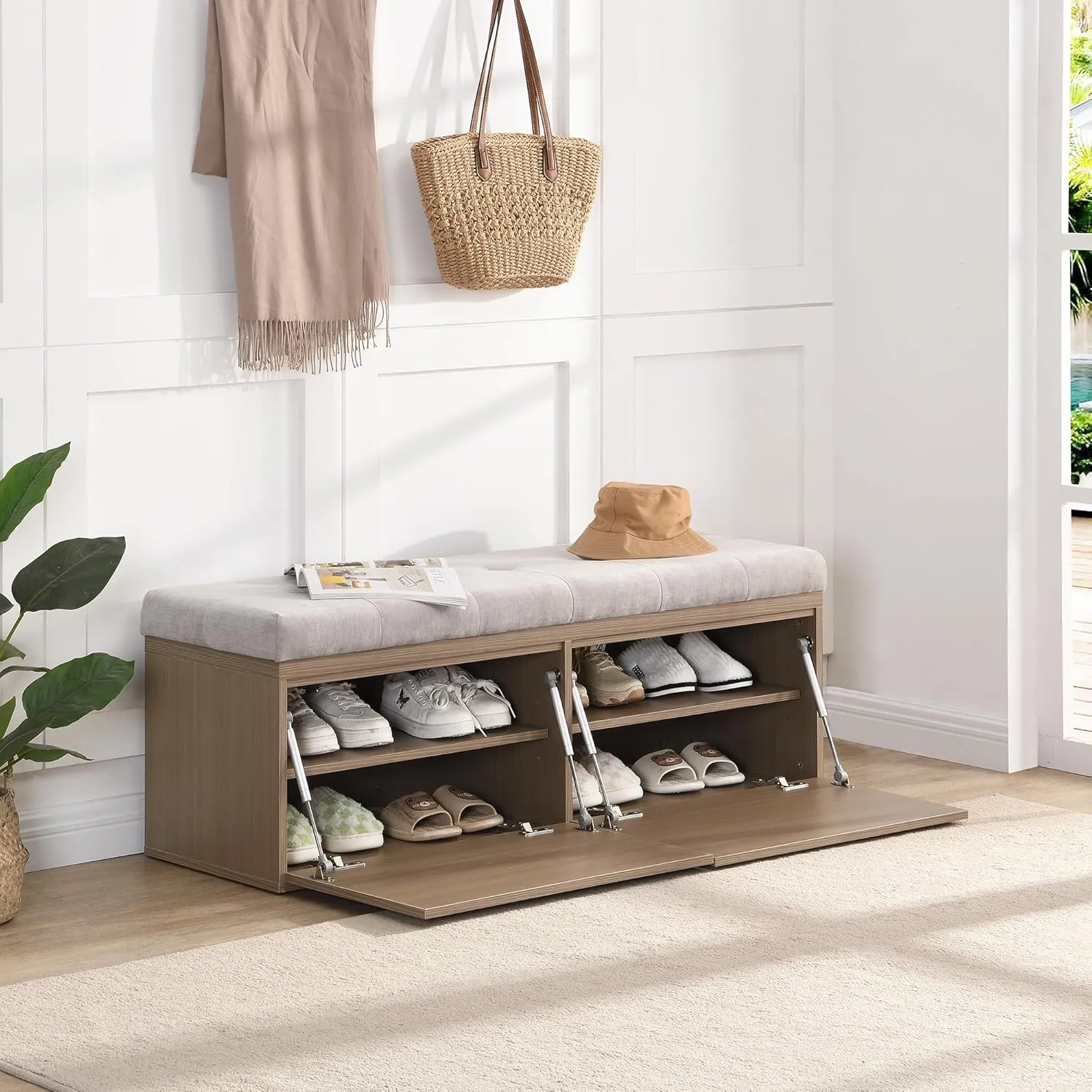 Merax 49" Shoe Storage Bench, Entryway Shoe Cabinet Storage Ottoman with Padded Seat Cushion and Double Doors for Entryway, Hallway and Bedroom, Light Gray