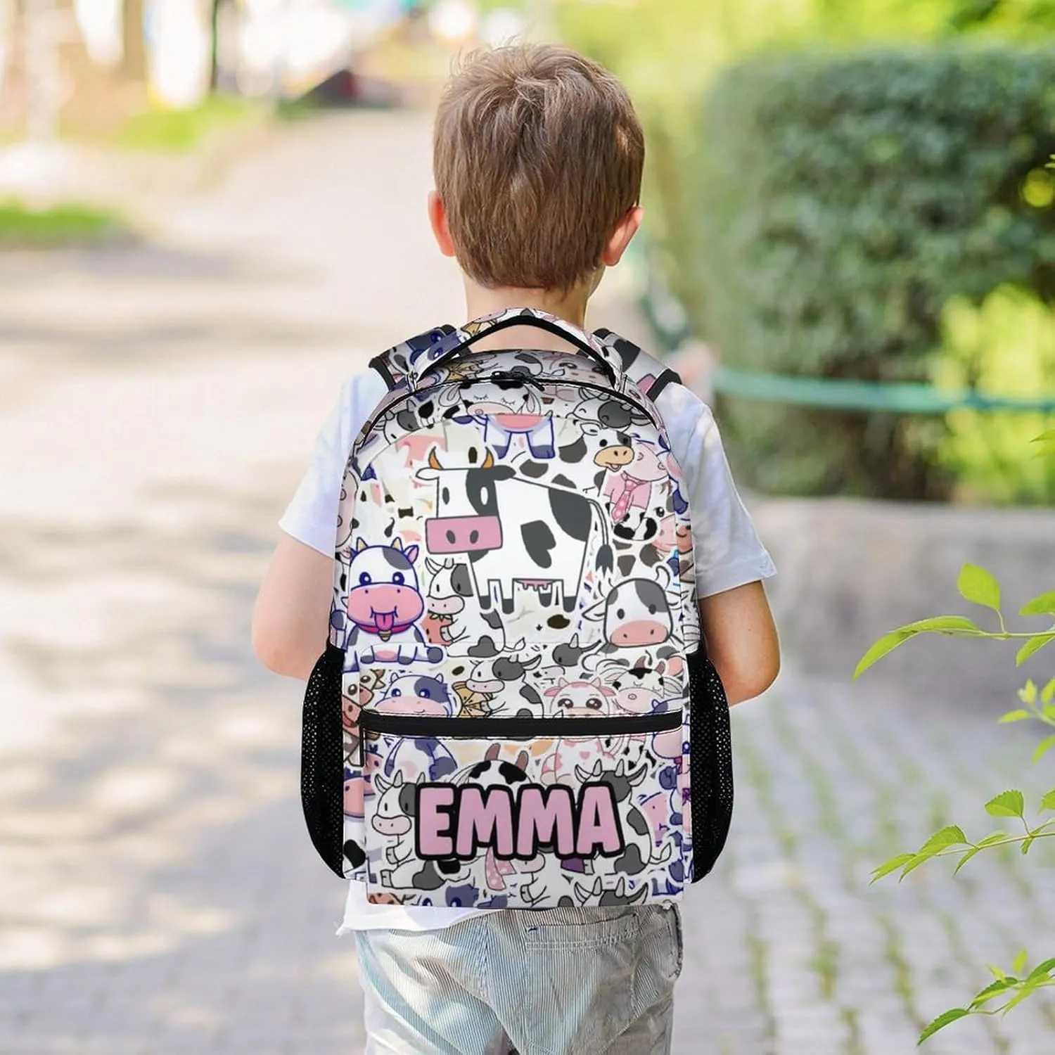 Mercuryelf Personalized Cow Backpack for Girls Boys, 16 Inch Light Backpacks for School Travel, Aesthetic Lightweight Bookbag for Kids