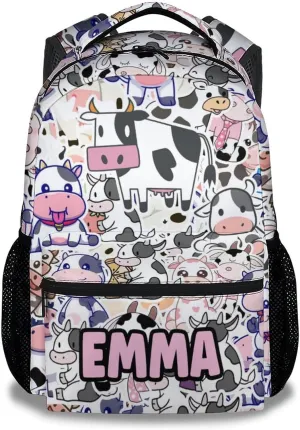 Mercuryelf Personalized Cow Backpack for Girls Boys, 16 Inch Light Backpacks for School Travel, Aesthetic Lightweight Bookbag for Kids