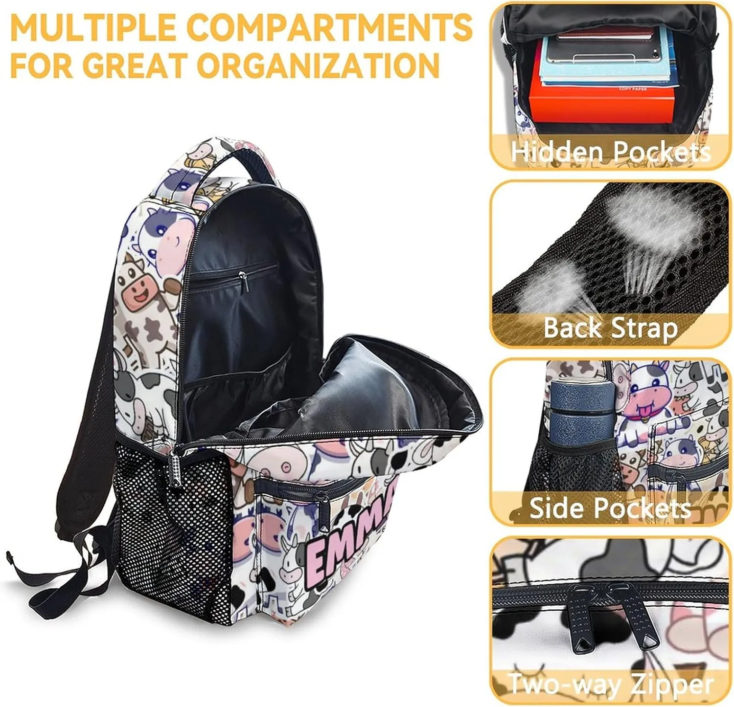Mercuryelf Personalized Cow Backpack for Girls Boys, 16 Inch Light Backpacks for School Travel, Aesthetic Lightweight Bookbag for Kids