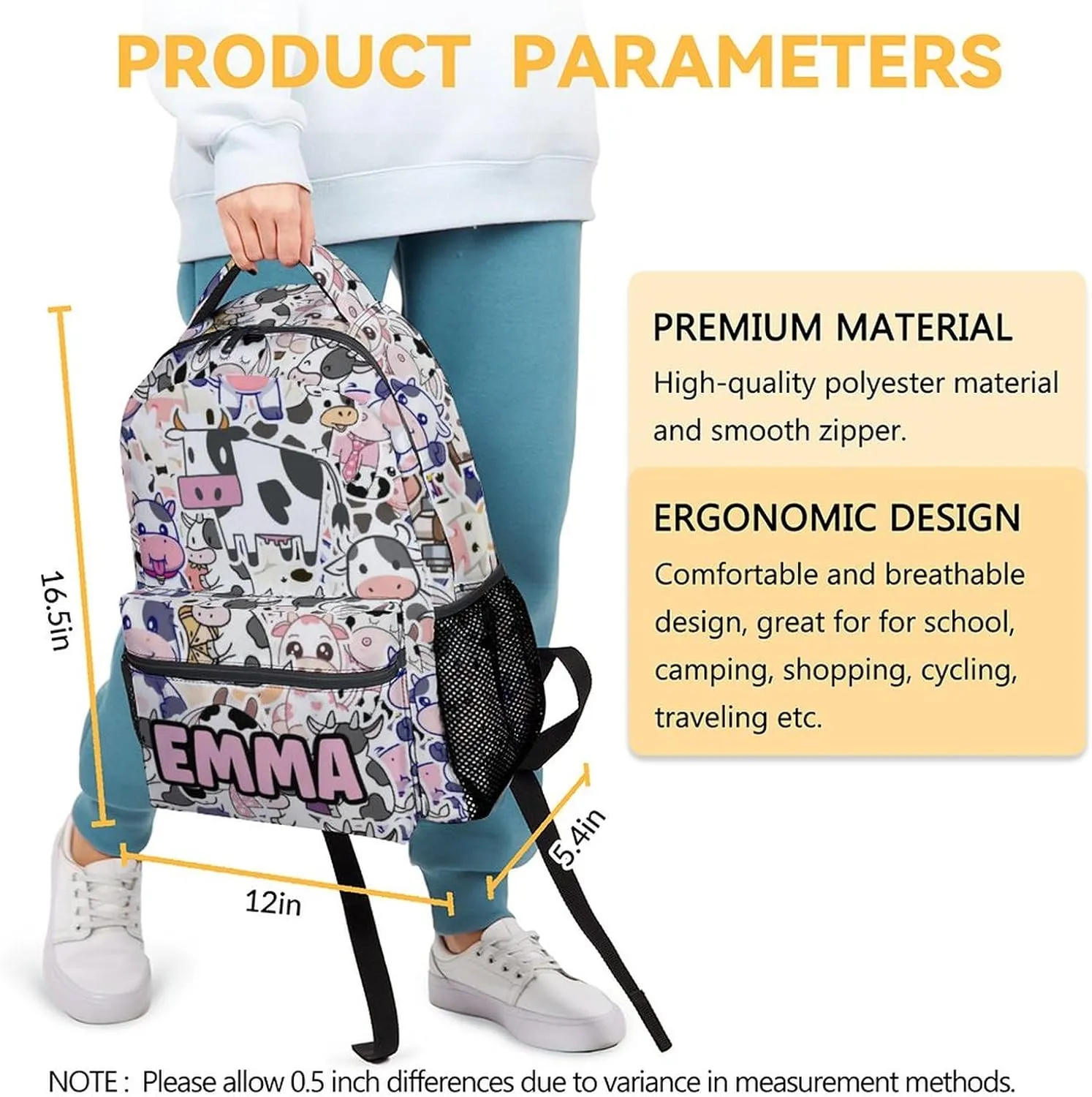 Mercuryelf Personalized Cow Backpack for Girls Boys, 16 Inch Light Backpacks for School Travel, Aesthetic Lightweight Bookbag for Kids