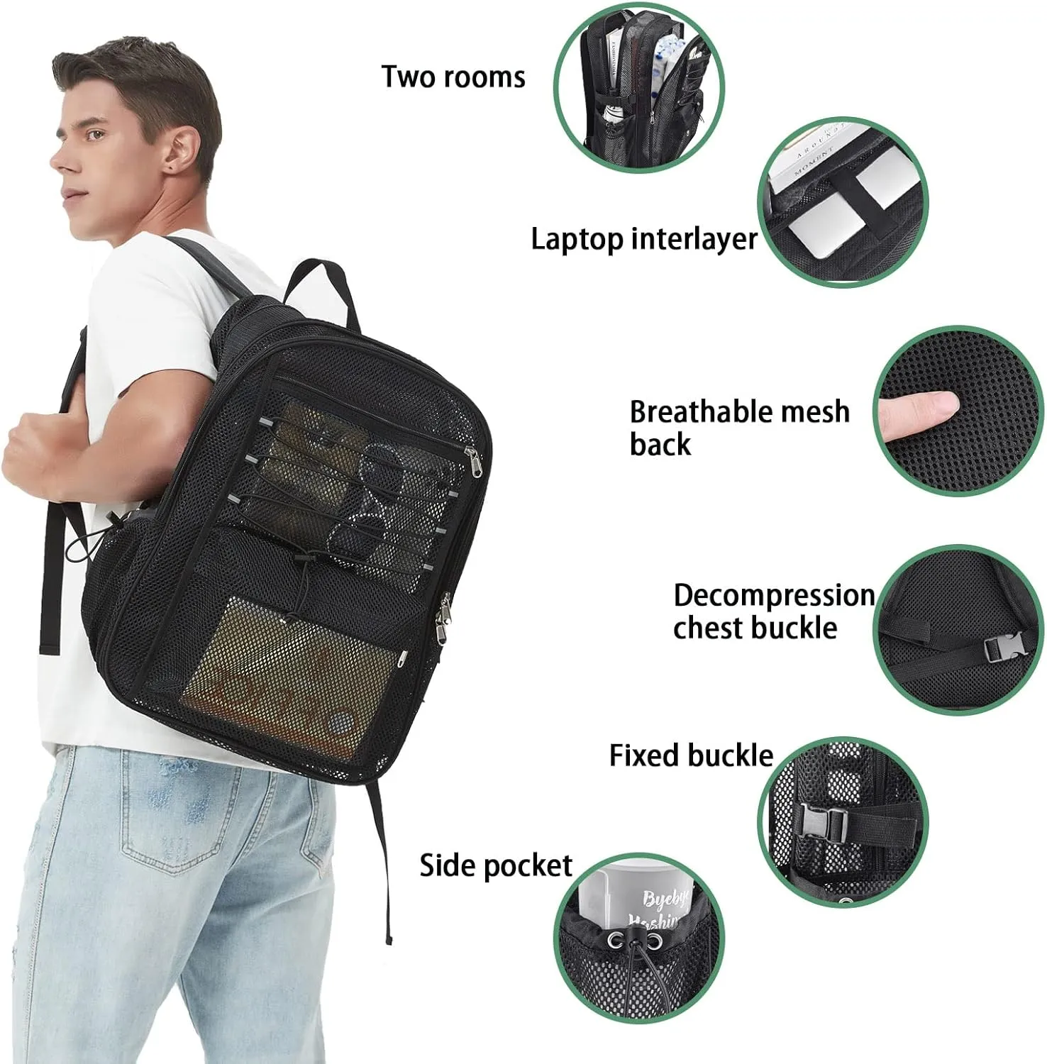 Mesh Backpack Heavy Duty for School, 35L Extra Large Mesh Bookbag for Adults, See Through Mesh Black School Bag with Laptop Pocket for Work Swimming Beach Fitness Sport