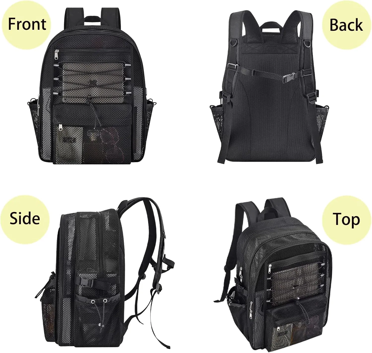 Mesh Backpack Heavy Duty for School, 35L Extra Large Mesh Bookbag for Adults, See Through Mesh Black School Bag with Laptop Pocket for Work Swimming Beach Fitness Sport