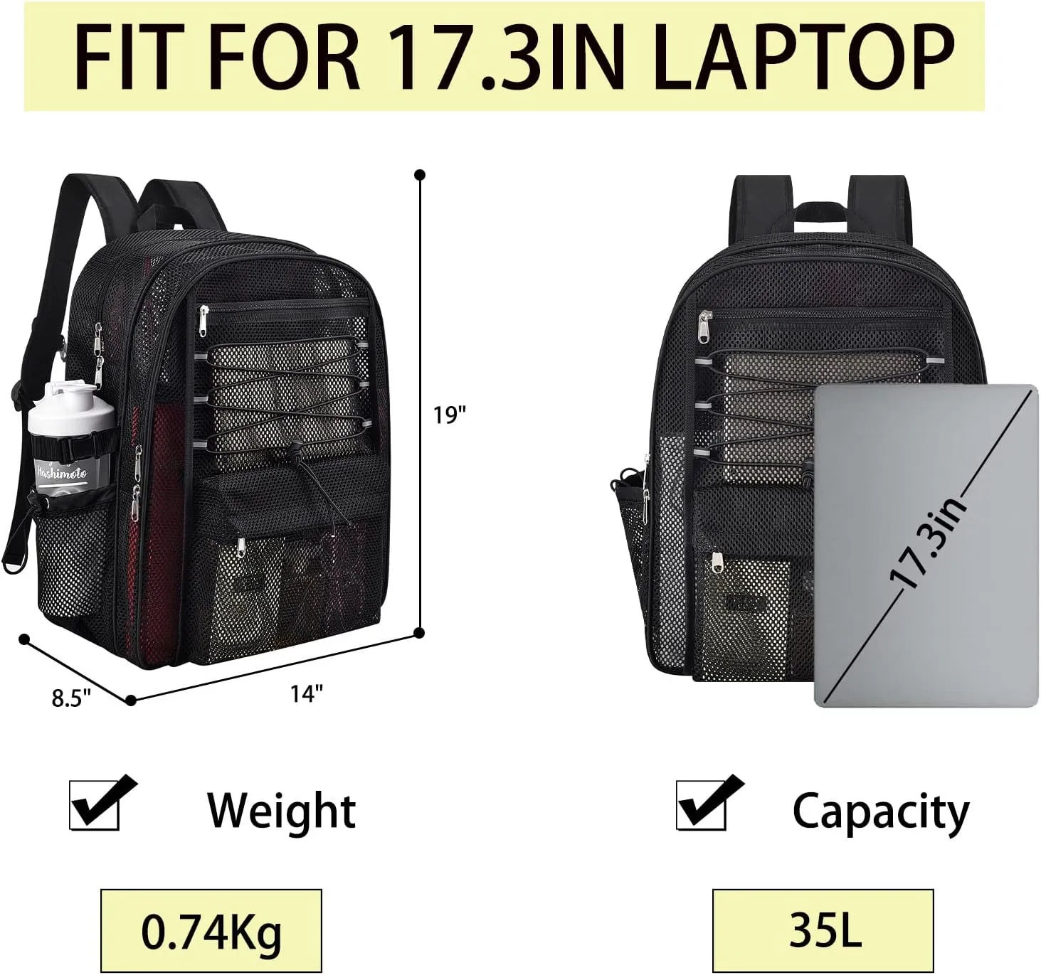 Mesh Backpack Heavy Duty for School, 35L Extra Large Mesh Bookbag for Adults, See Through Mesh Black School Bag with Laptop Pocket for Work Swimming Beach Fitness Sport