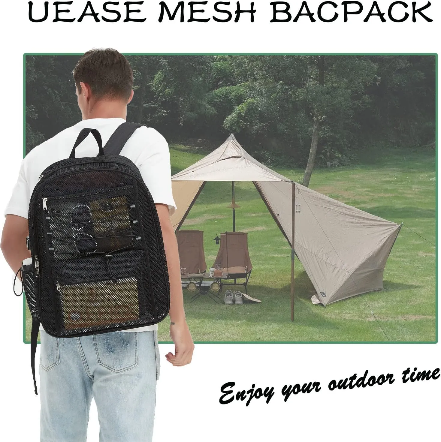 Mesh Backpack Heavy Duty for School, 35L Extra Large Mesh Bookbag for Adults, See Through Mesh Black School Bag with Laptop Pocket for Work Swimming Beach Fitness Sport