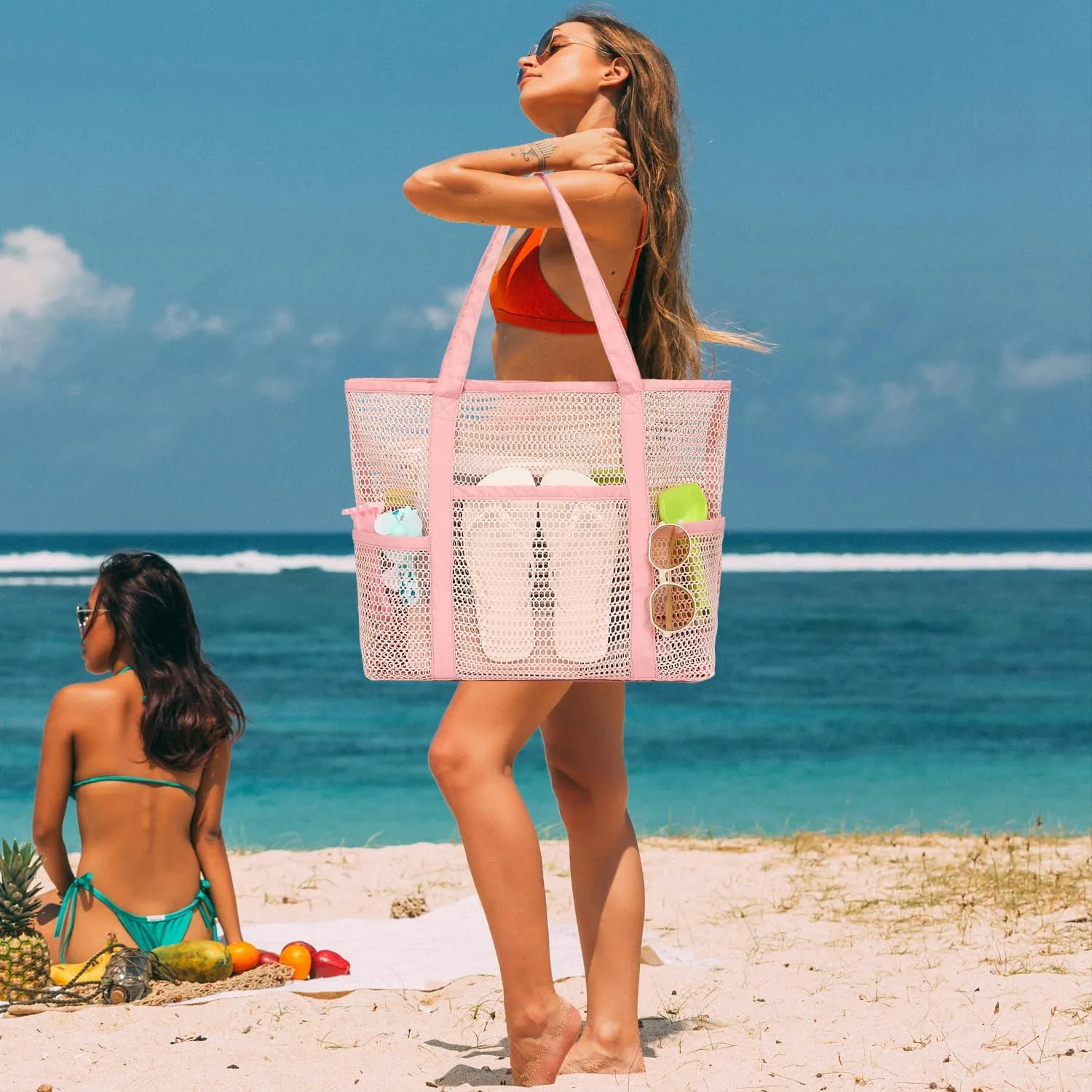 Mesh Beach Bag, Casual Womens Shoulder Handbag, Large Sandproof Beach Tote Bag for Pool/Travel/Vacation Essentials