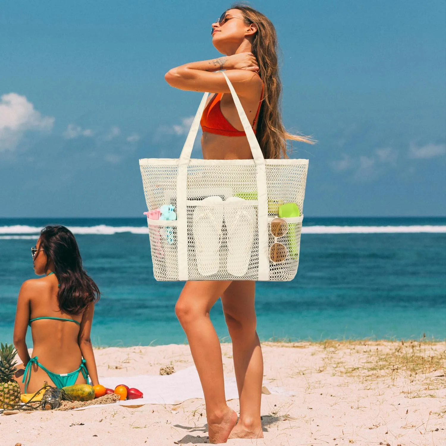 Mesh Beach Bag, Casual Womens Shoulder Handbag, Large Sandproof Beach Tote Bag for Pool/Travel/Vacation Essentials
