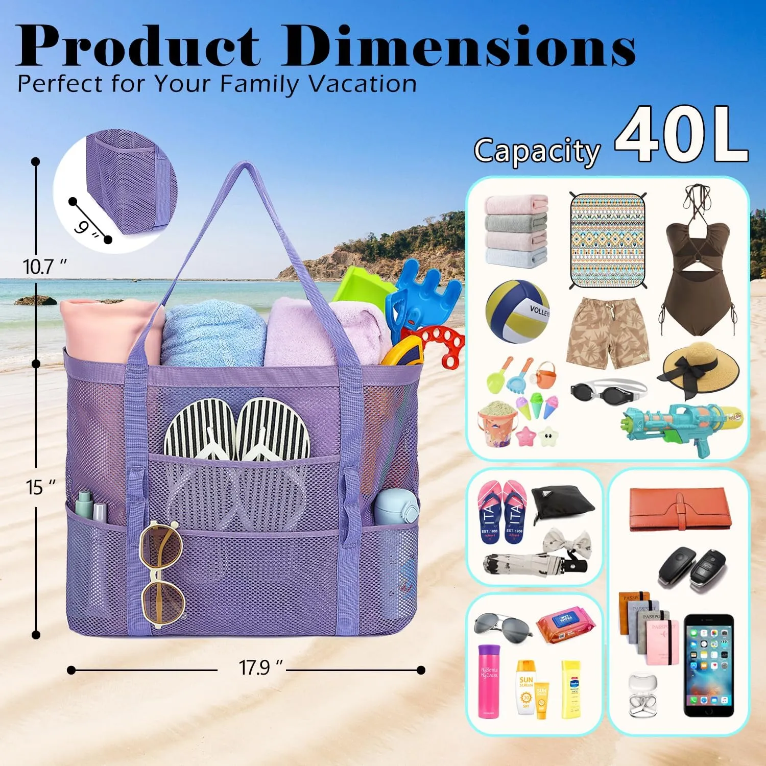 Mesh Beach Bag - Large Beach Tote Bag with Multiple Pockets for Family Beach Bag for Toys & Vacation Essentials