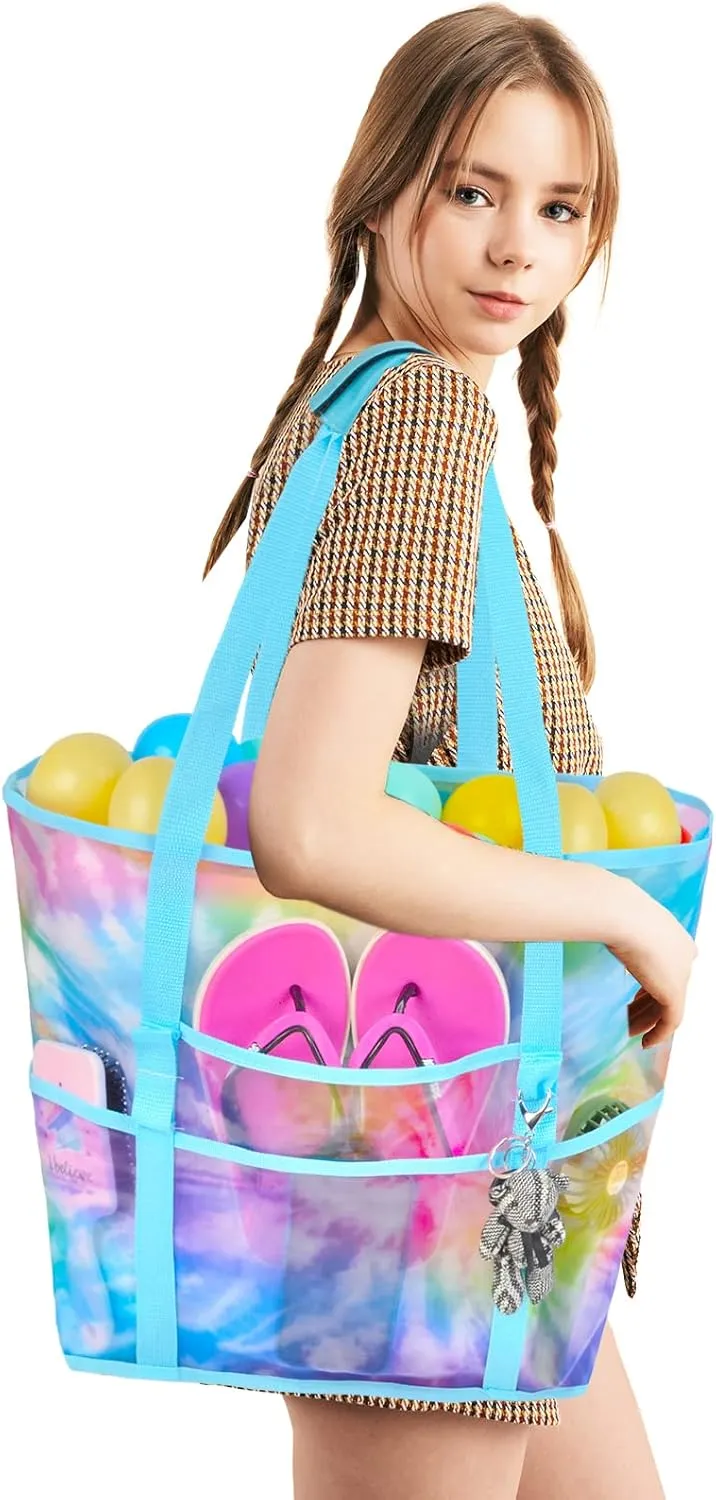 Mesh Beach Bag - Large Beach Tote Bag Women Pool Bags with Zipper 10 Pockets Foldable Beach Toy Bag for Towel, Flip Flops