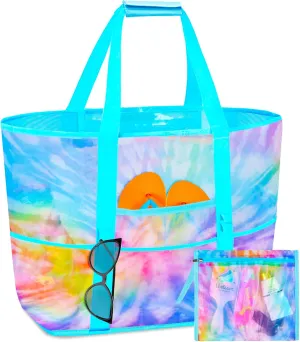 Mesh Beach Bag - Large Beach Tote Bag Women Pool Bags with Zipper 10 Pockets Foldable Beach Toy Bag for Towel, Flip Flops