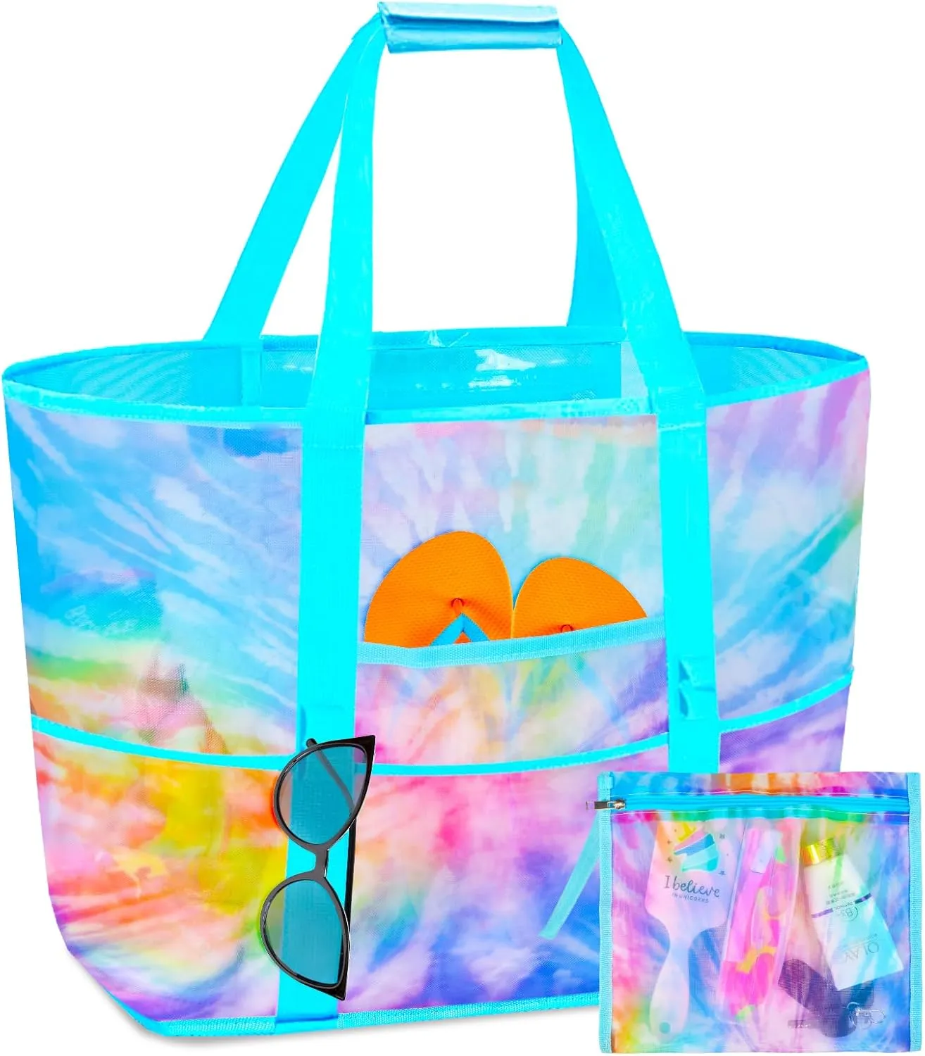 Mesh Beach Bag - Large Beach Tote Bag Women Pool Bags with Zipper 10 Pockets Foldable Beach Toy Bag for Towel, Flip Flops