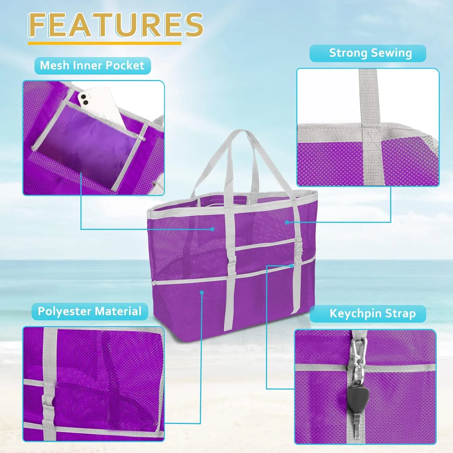 Mesh Beach Bag - Large Tote Bag for Family, Toys & Vacation Essentials
