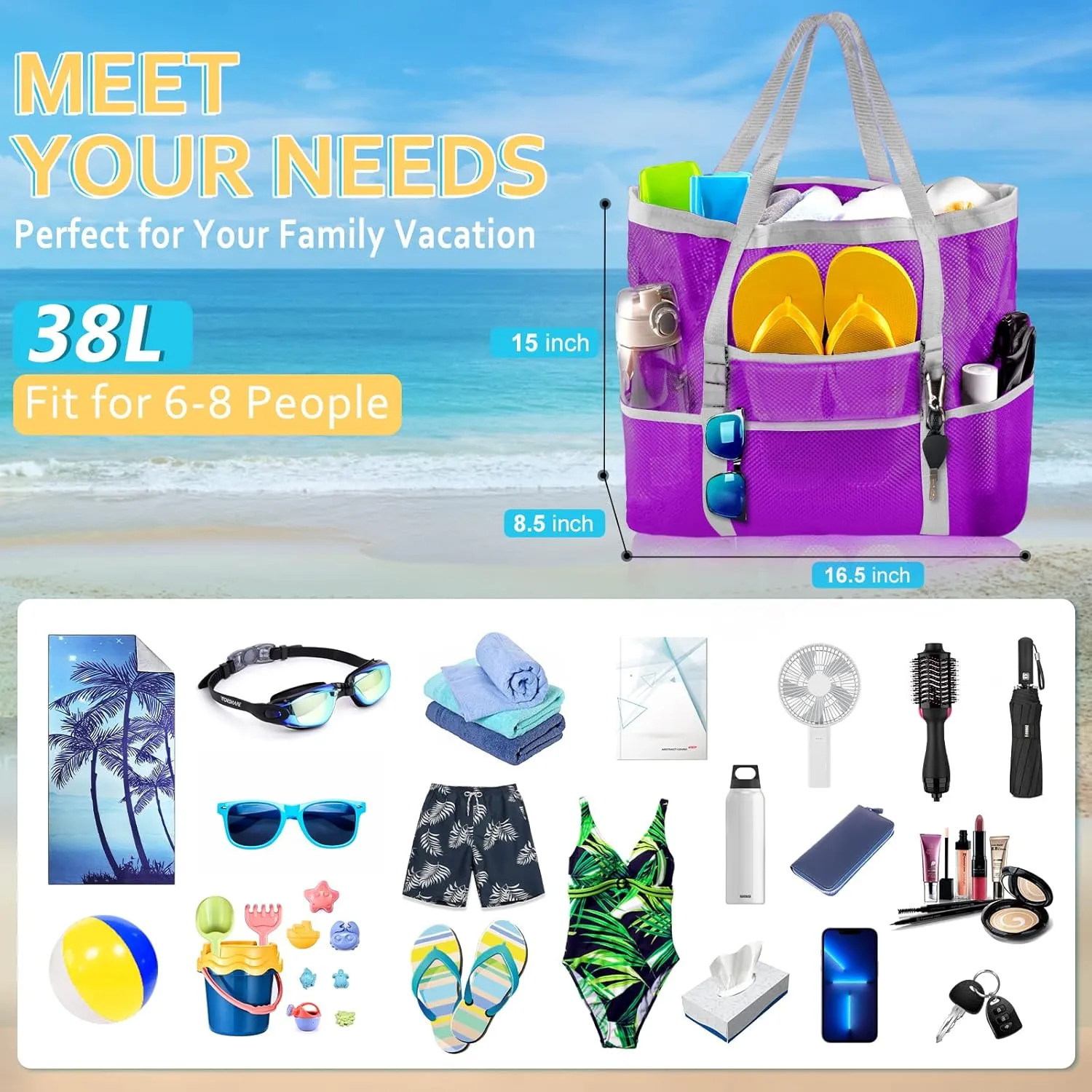 Mesh Beach Bag - Large Tote Bag for Family, Toys & Vacation Essentials
