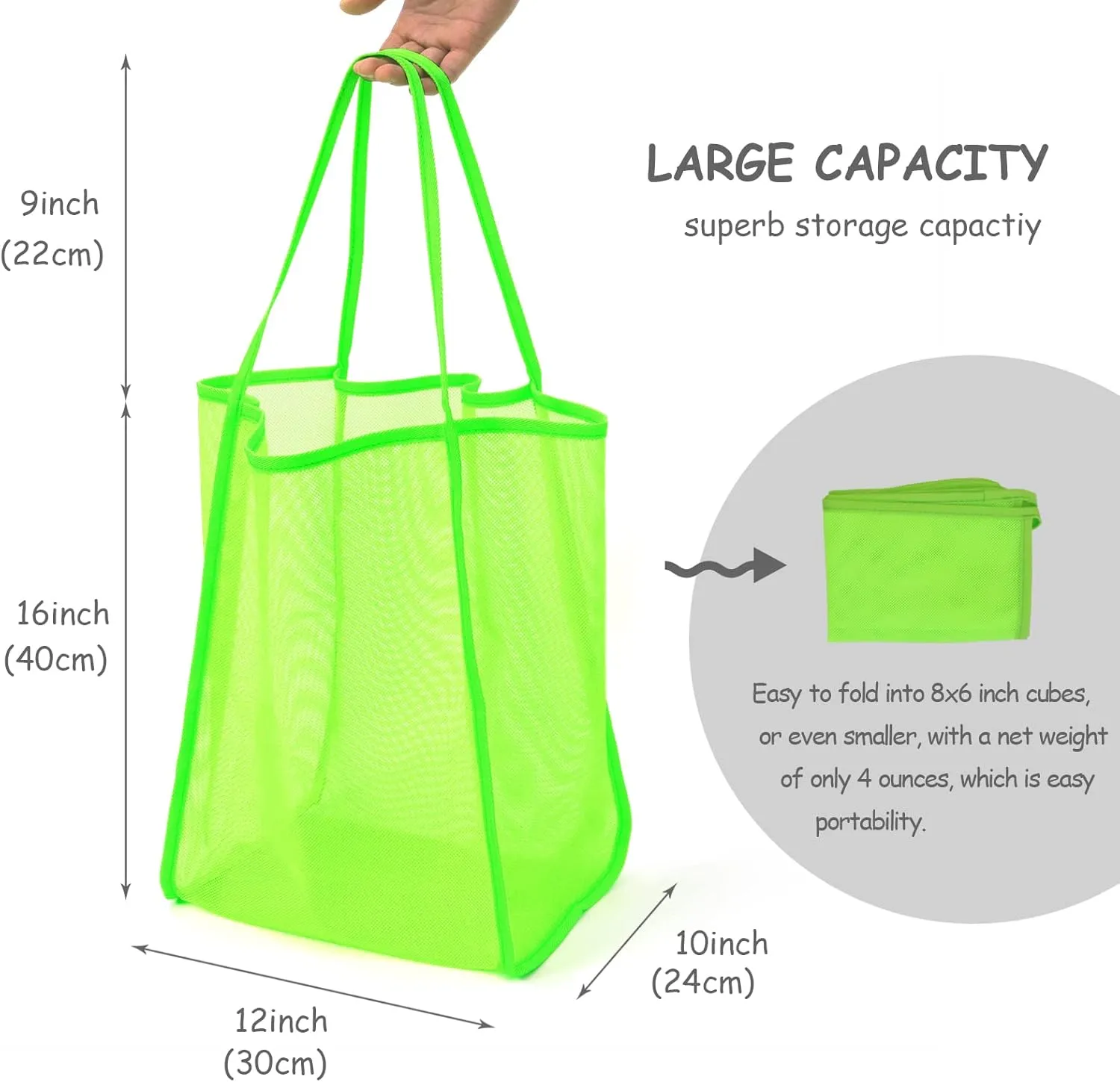 Mesh Beach Tote Bag for Sand Toys Kids Women Foldable Lightweight Durable Outdoor Shopping Travel Swim