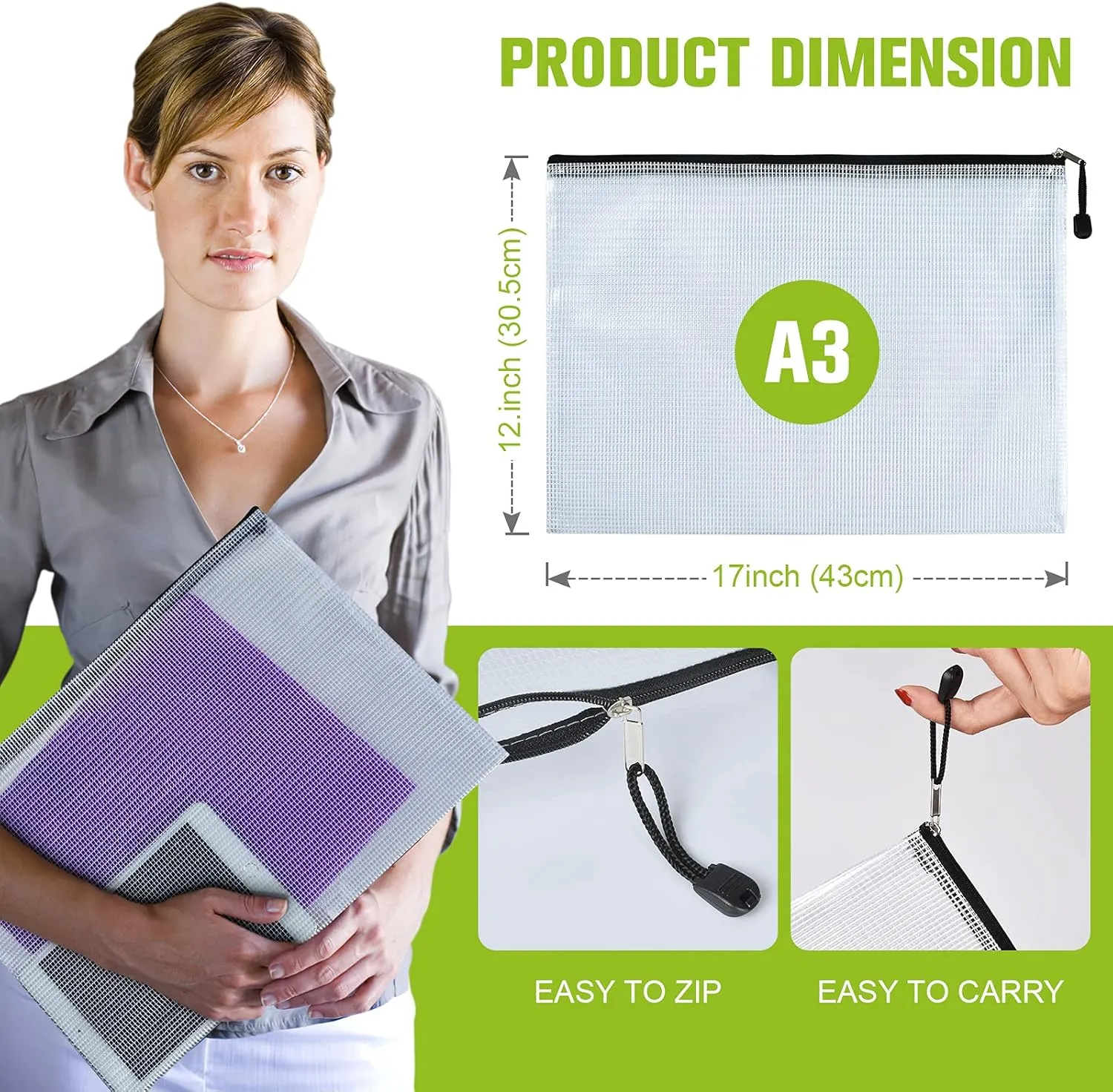 Mesh Zipper Pouch, 6PCS Waterproof Plastic Mesh Zipper Bag, A3 Size Tear-Resistant Document Pouch, Extra Large Zip File Bags, for School Office Supplies Home Travel Storage(17×12 Inch)