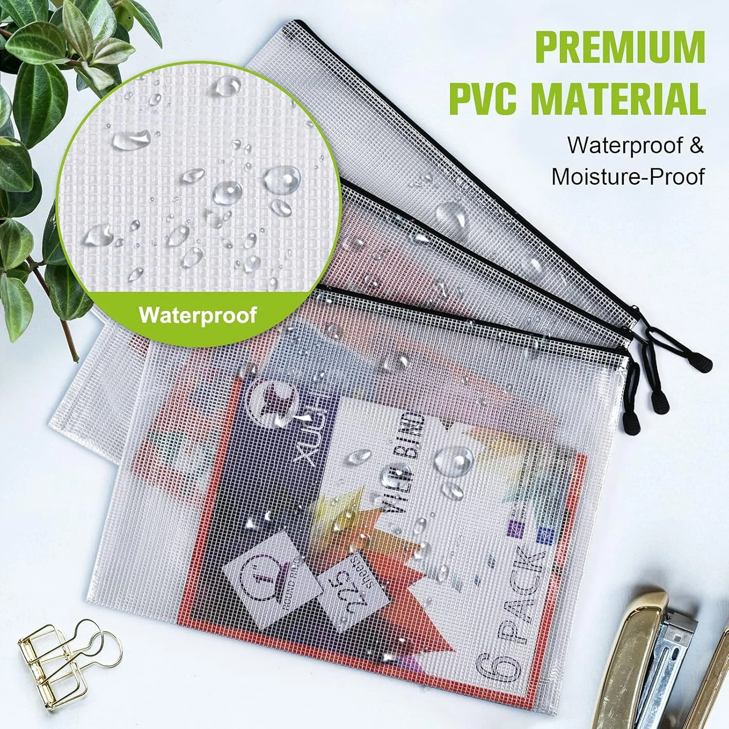 Mesh Zipper Pouch, 6PCS Waterproof Plastic Mesh Zipper Bag, A3 Size Tear-Resistant Document Pouch, Extra Large Zip File Bags, for School Office Supplies Home Travel Storage(17×12 Inch)