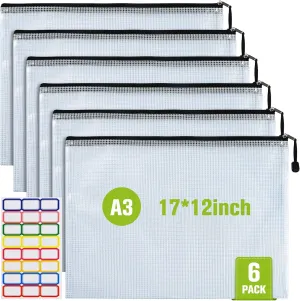 Mesh Zipper Pouch, 6PCS Waterproof Plastic Mesh Zipper Bag, A3 Size Tear-Resistant Document Pouch, Extra Large Zip File Bags, for School Office Supplies Home Travel Storage(17×12 Inch)