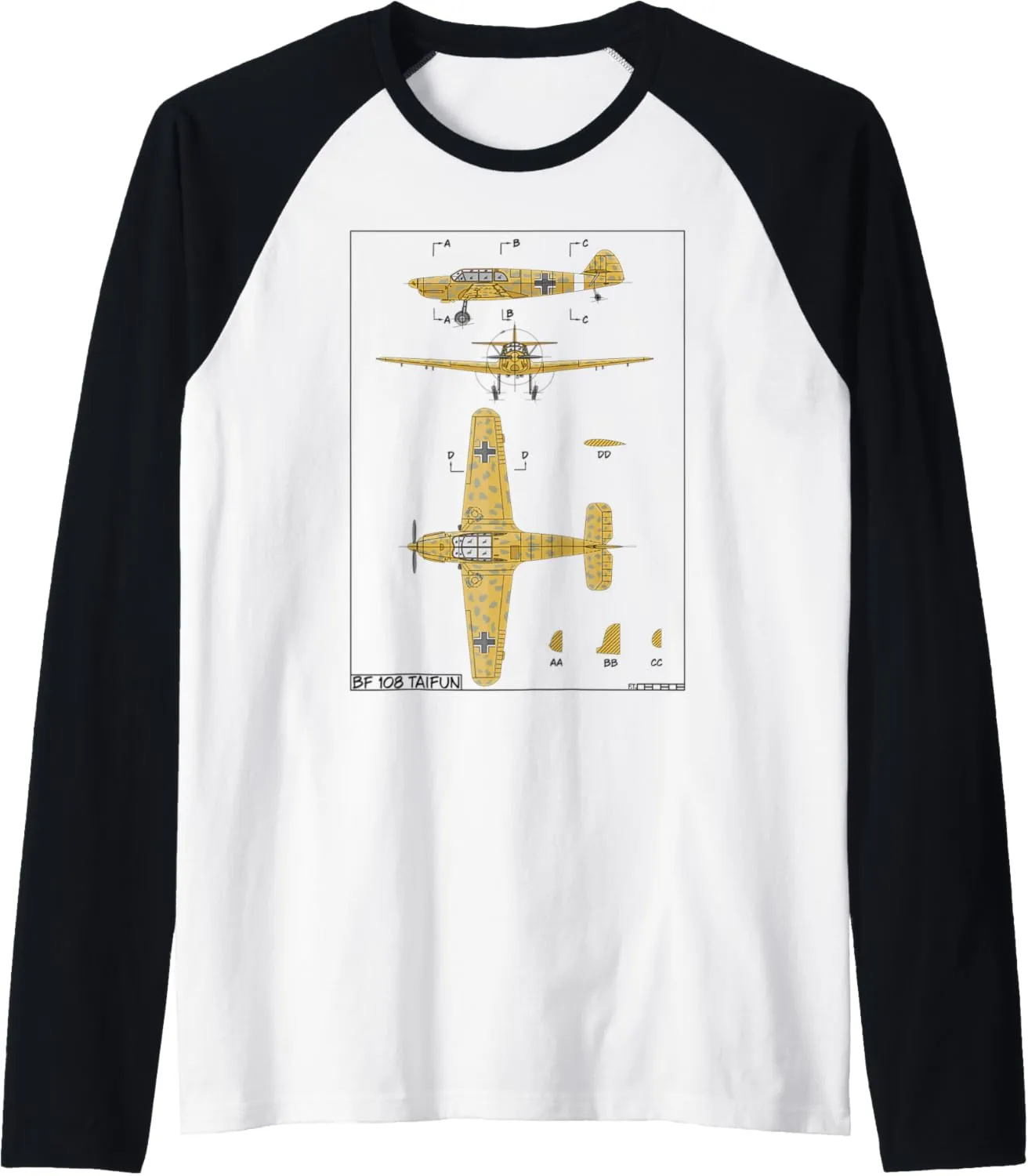 Messerschmitt Bf 108 Taifun WW2 German Plane Diagram Raglan Baseball Tee