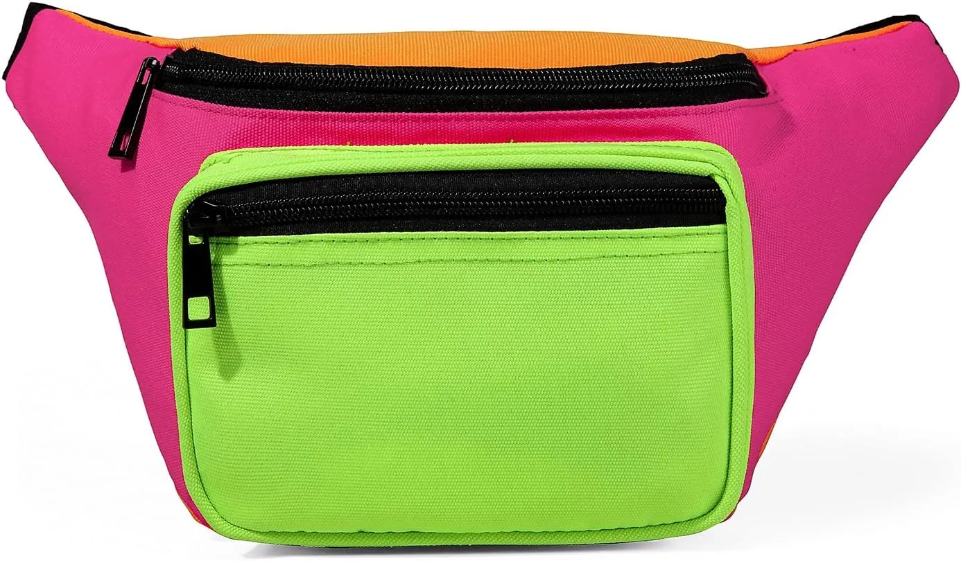 MIAIULIA 80s Neon Waist Fanny Pack for 80s Costumes,Festival Travel Party(Green Rose Orange)