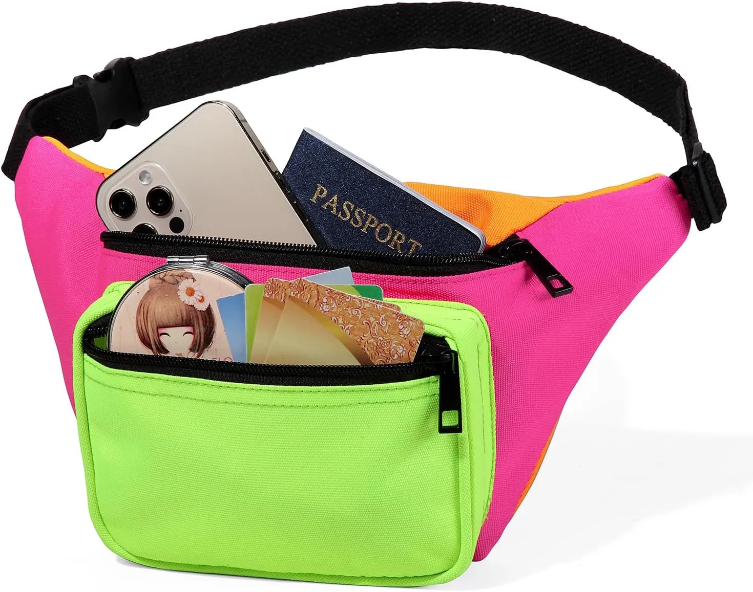 MIAIULIA 80s Neon Waist Fanny Pack for 80s Costumes,Festival Travel Party(Green Rose Orange)