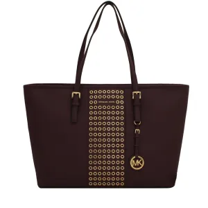 Michael Kors Jet Set Travel Grommeted Saffiano Leather Top-Zip Multi-Functional Medium Tote Bag- Damson