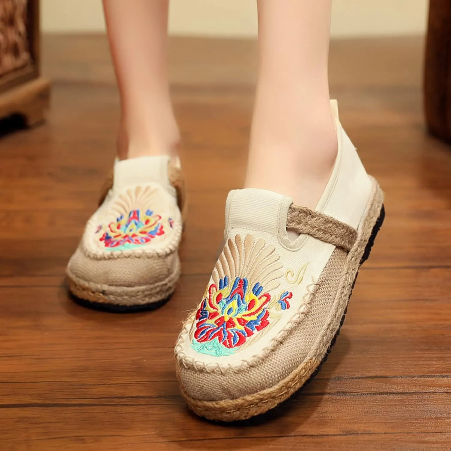 Micoklinlin Canvas Loafers for Women Espadrilles Slip on Flat House Shoes Embroidered Shoes Ethnic Style Casual Sneakers