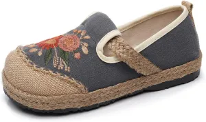 Micoklinlin Espadrilles Loafers for Women Slip on Embroidered Shoes Ethnic Style Casual Sneakers Round Toe Cotton Linen Shoes