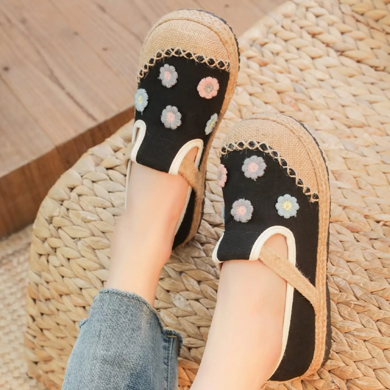 Micoklinlin Loafers for Women Espadrille Slip on Flat House Shoes Floral Embroidered Shoes Cotton Linen Sneakers Hiking Shoes