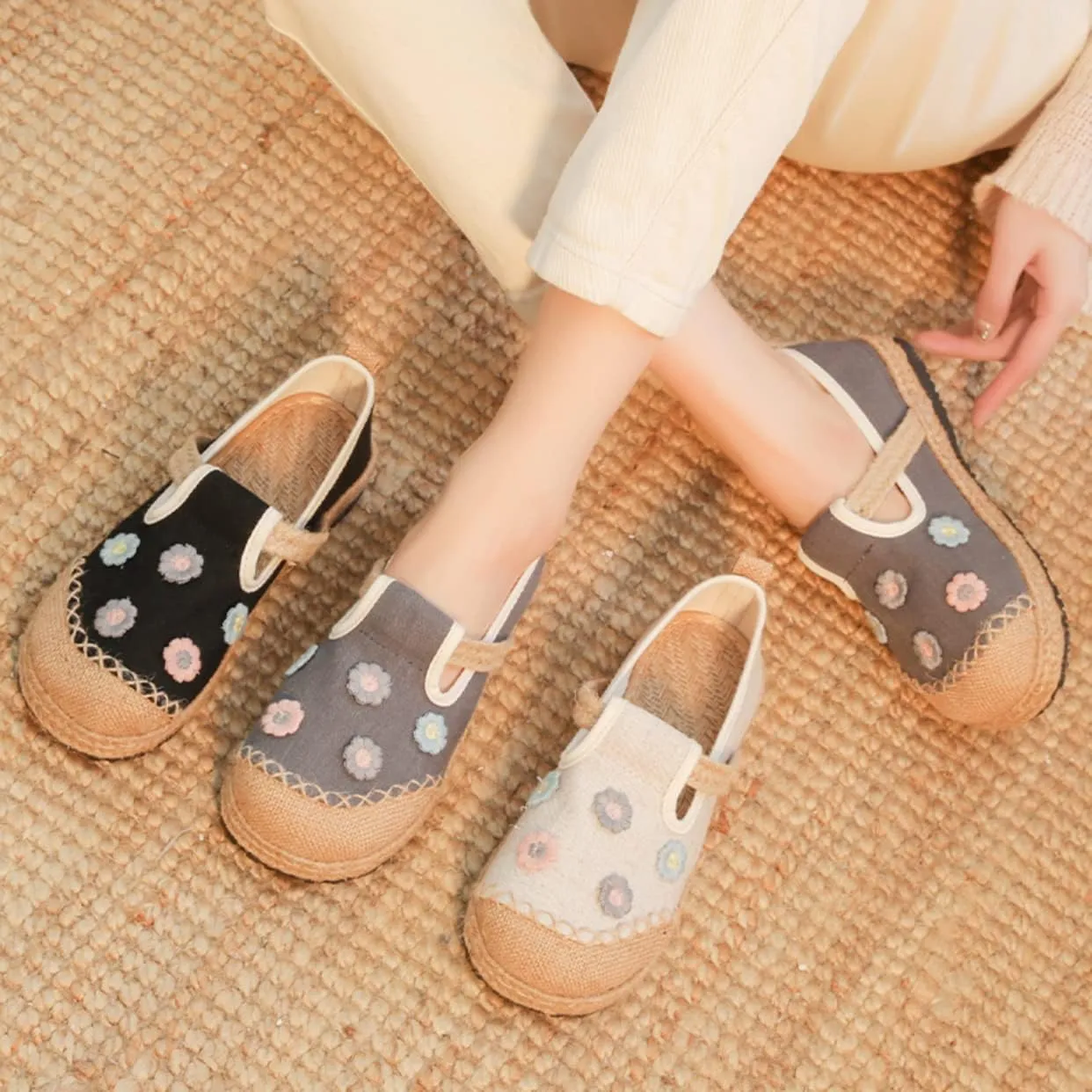 Micoklinlin Loafers for Women Espadrille Slip on Flat House Shoes Floral Embroidered Shoes Cotton Linen Sneakers Hiking Shoes